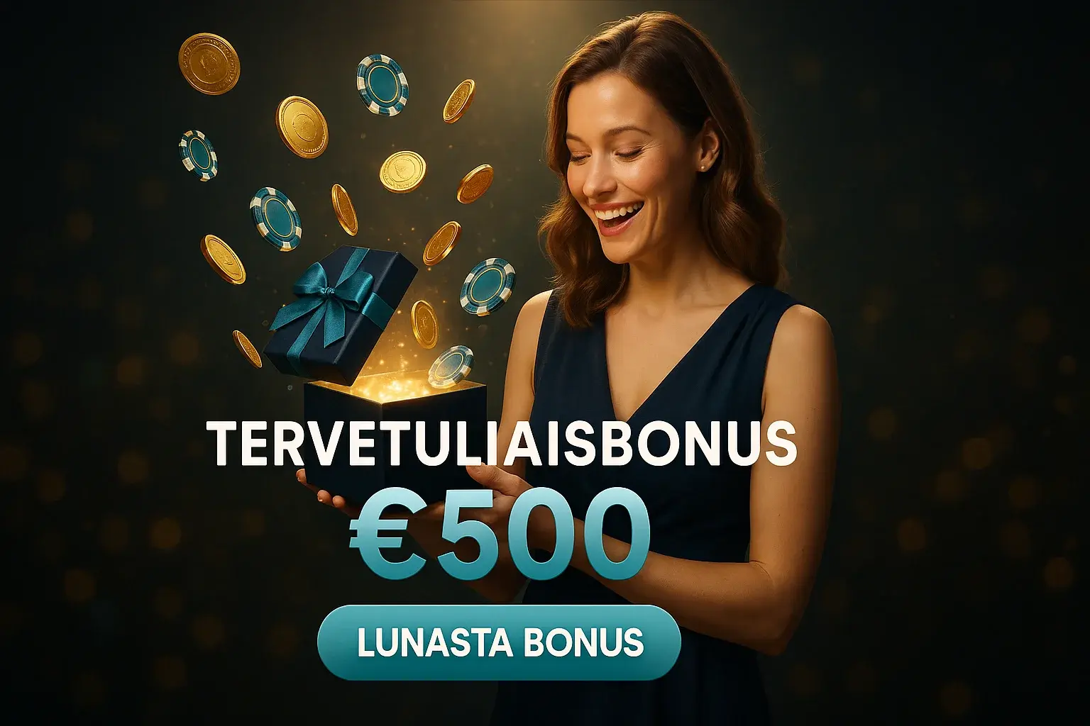Suomalainen nainen lahjalaatikon kanssa, tervetuliaisbonus 500 € ja CTA