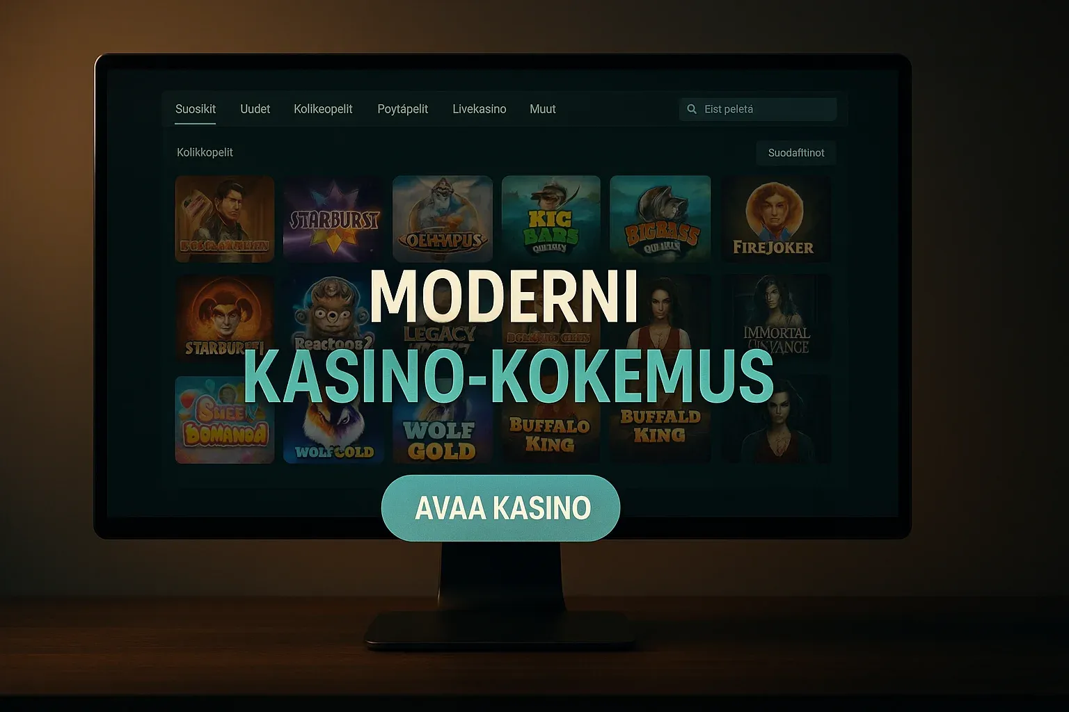 Fotorealistinen suomalainen kasinomainosbanneri, peliaula UI ja CTA-painike