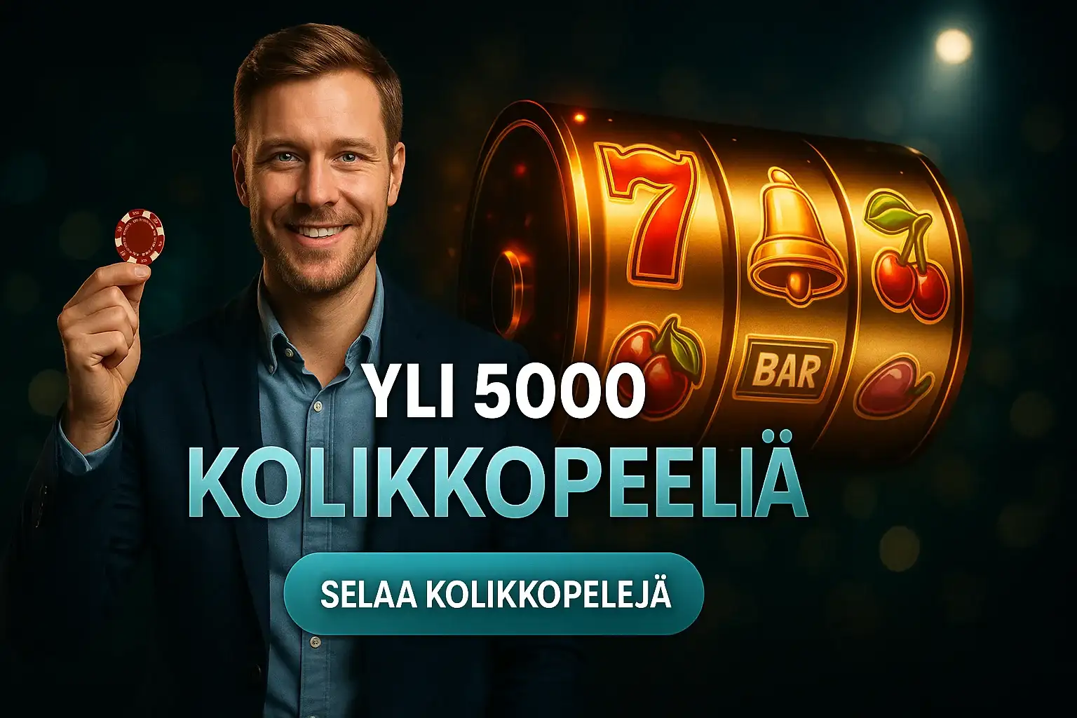 Suomalainen mies kasinolla, taustalla hehkuvat kolikkopelit ja voittosymbolit