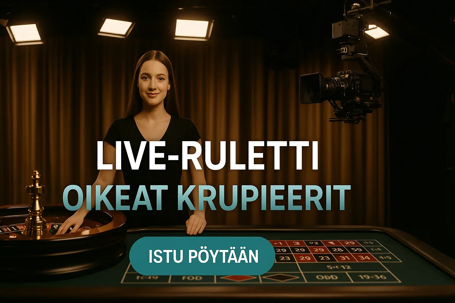 Valokuvarealistinen live-ruletti banneri, oikea krupieeri ja studioinfrastruktuuri