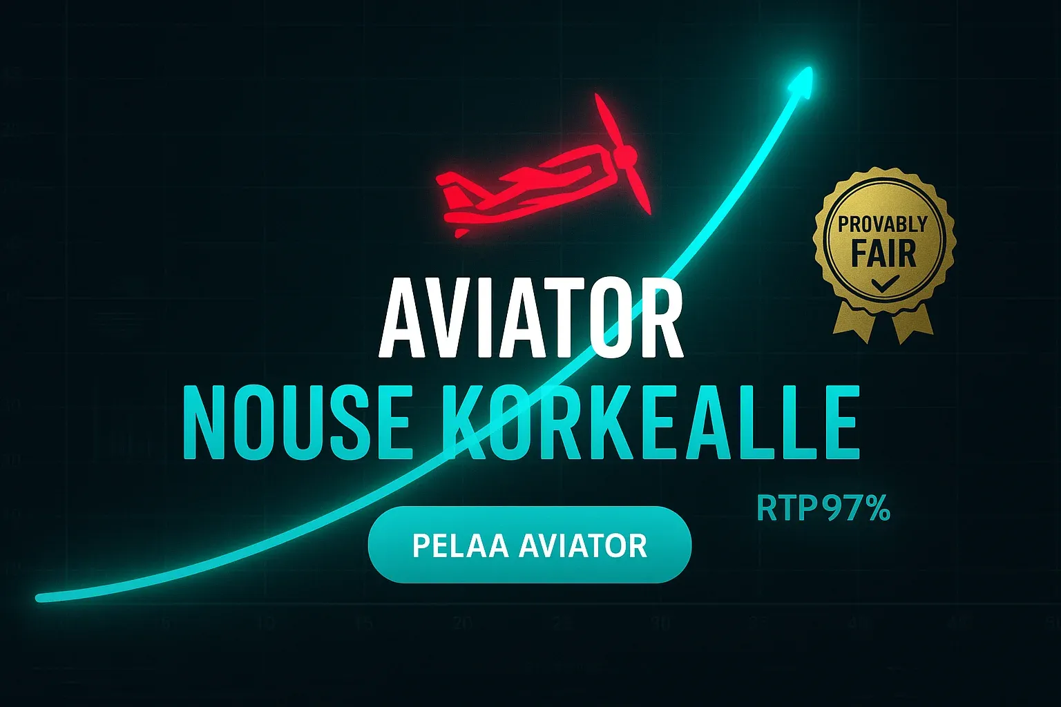 Fotorealistinen Aviator-kasinobanneri, RTP 97% ja Provably Fair -merkki
