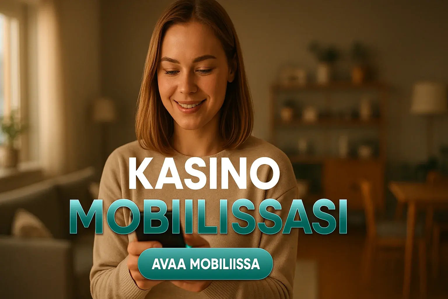Fotorealistinen suomalainen kasinomainosbanneri, nuori nainen pitelee älypuhelinta kotona