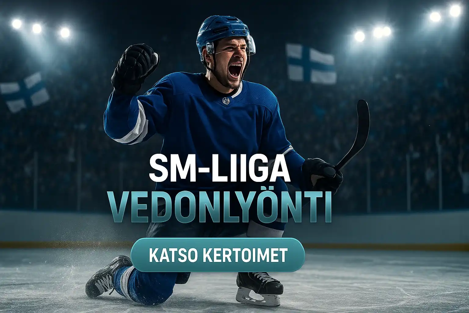 SM-liiga jääkiekkoilija juhlii maalia, vedonlyönti kasinobanneri 16:9